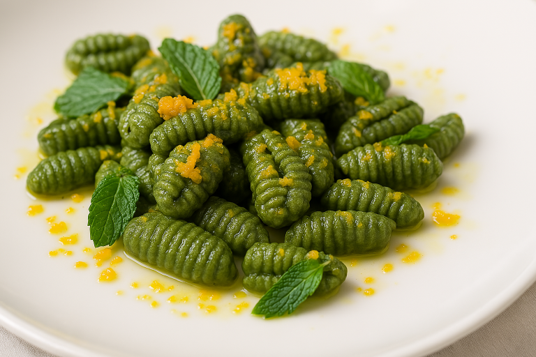 Cavatelli alla Spirulina con bottarga, arancia e menta