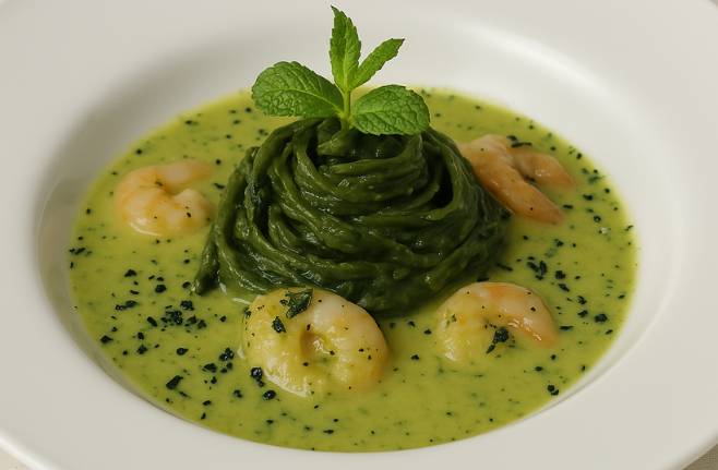 Pasta alla Spirulina ripiena con verdure e mazzancolle